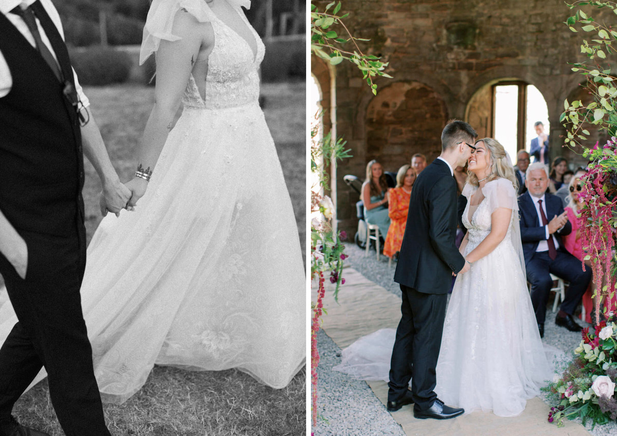 couple first kiss at the outdoor wedding ceremony and walking holding hands 