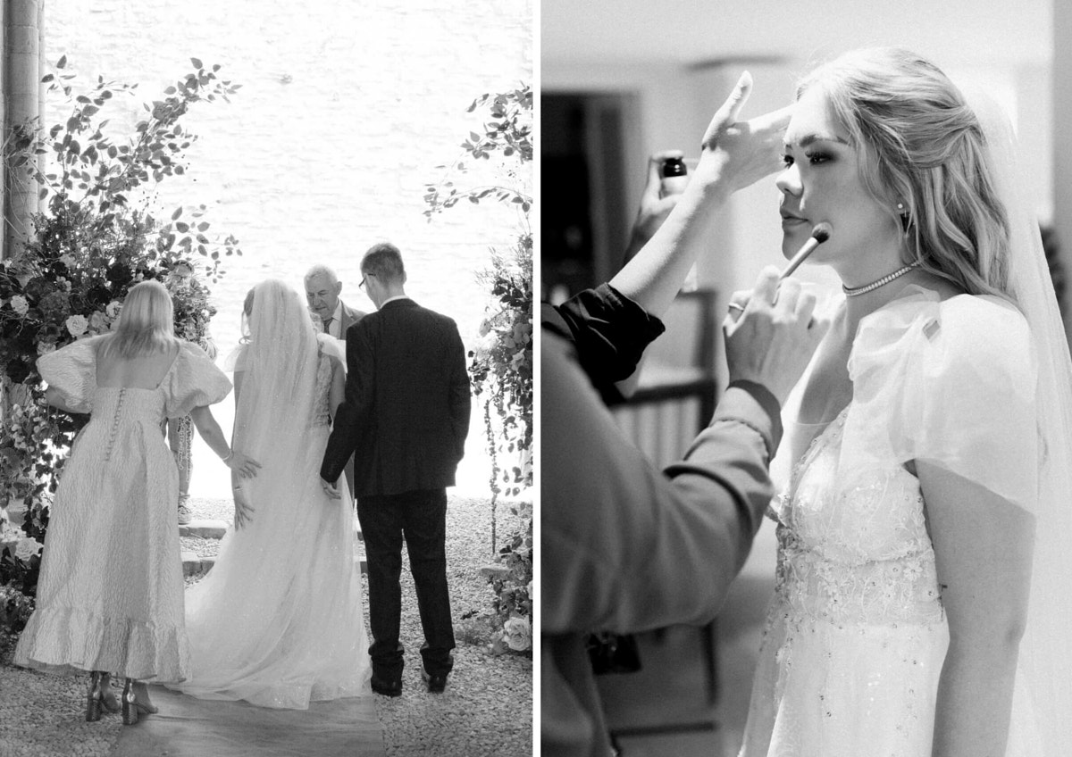 bride getting ready photo and bridesmaid helping with the brides dress in the front of outdoor ceremony place decorated with floral arrangaments